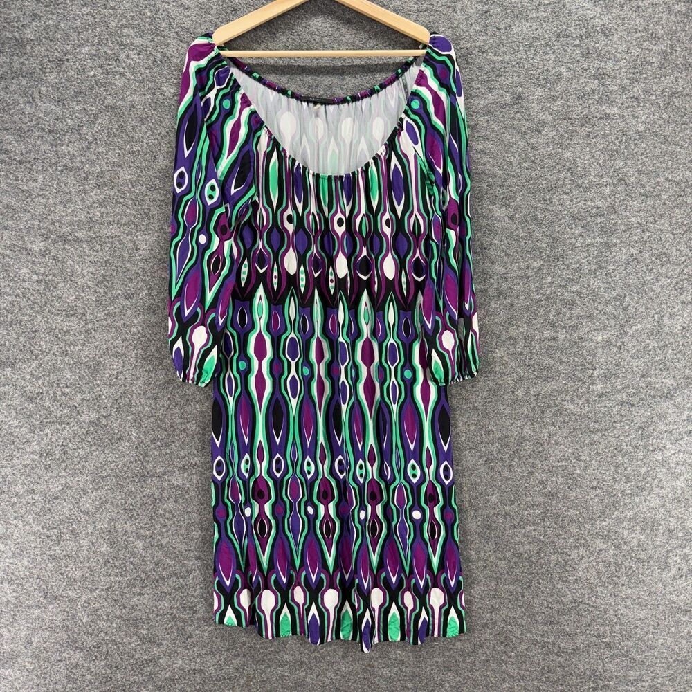 Elie Tahari Dress Women M Medium Black Geometric Shift Midi 3/4 Sleeve Casual